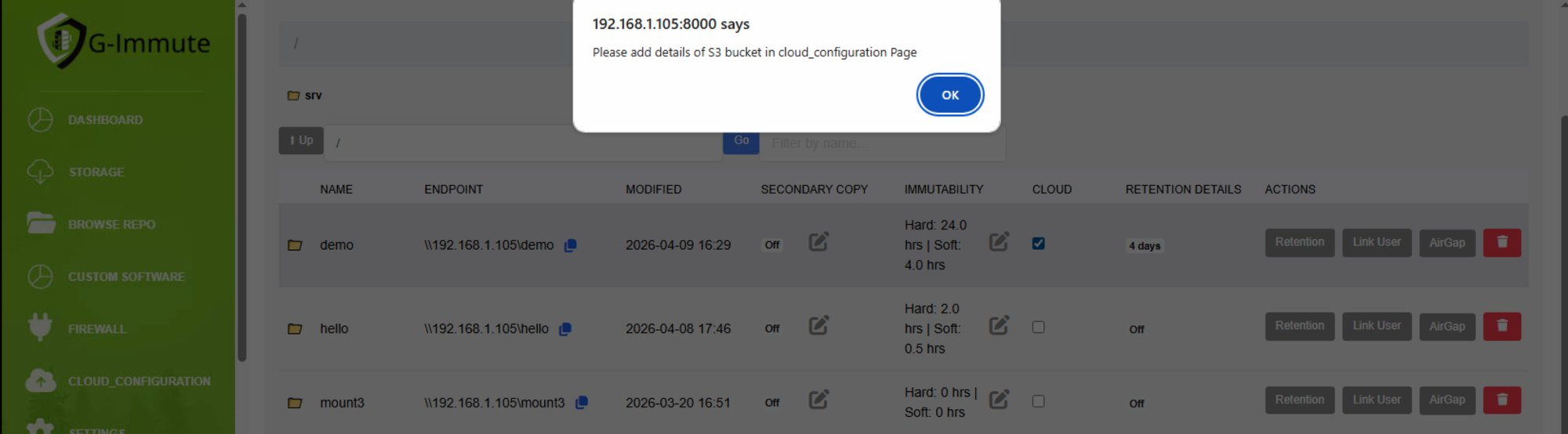 Cloud Checkbox Error S3 Not Configured