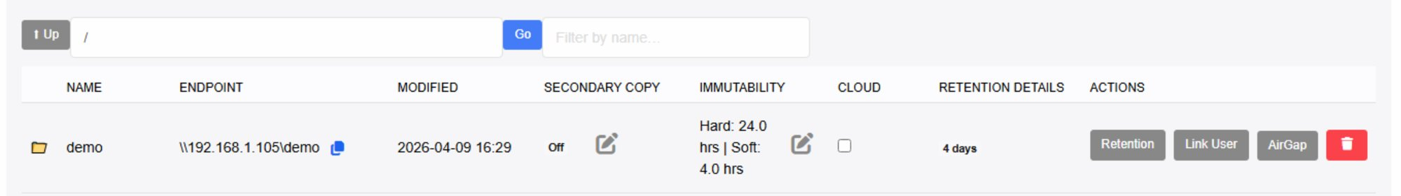 Folder Row Showing Immutability and Retention Details