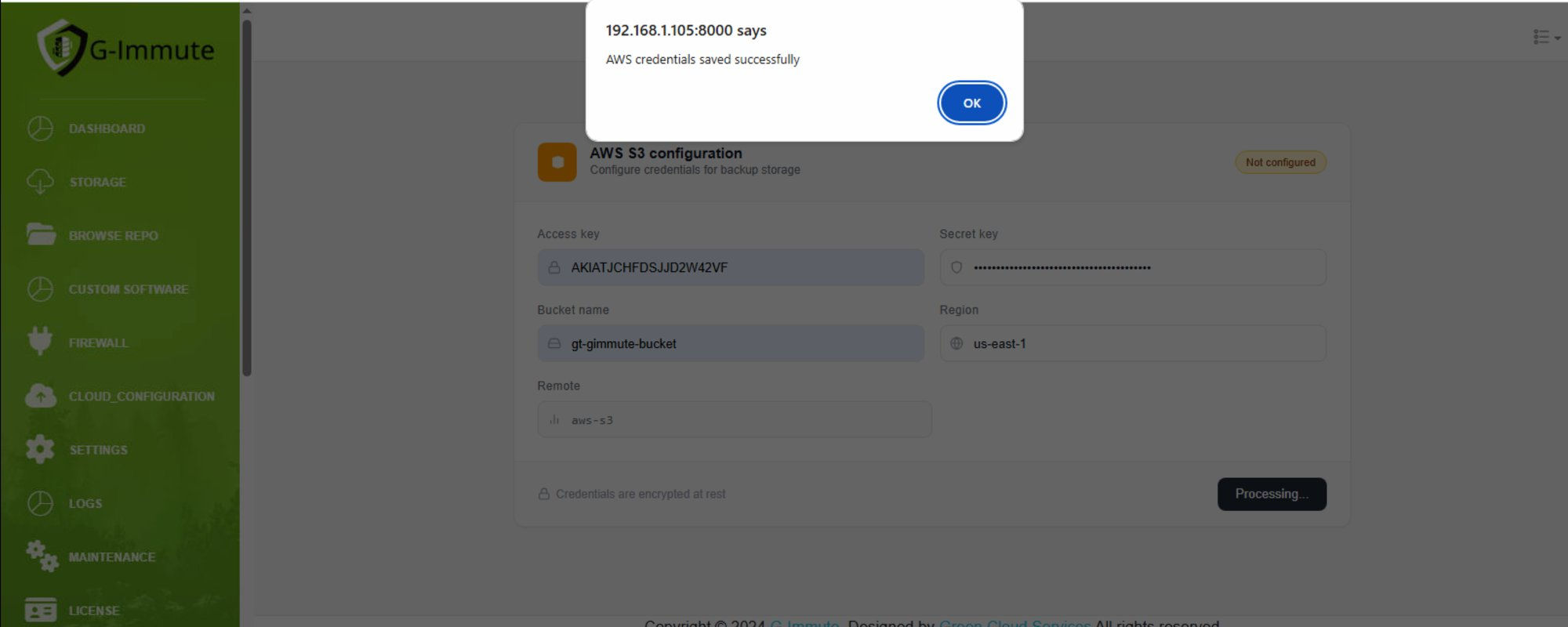 Cloud Configuration — AWS S3 credentials form
