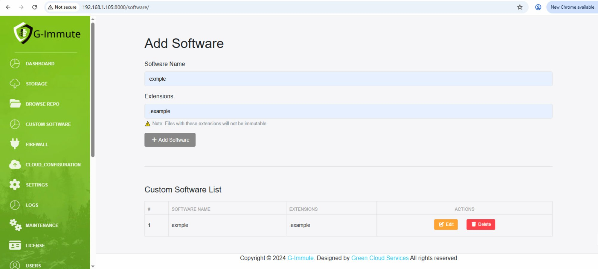 Custom Software Page — Add form and software list