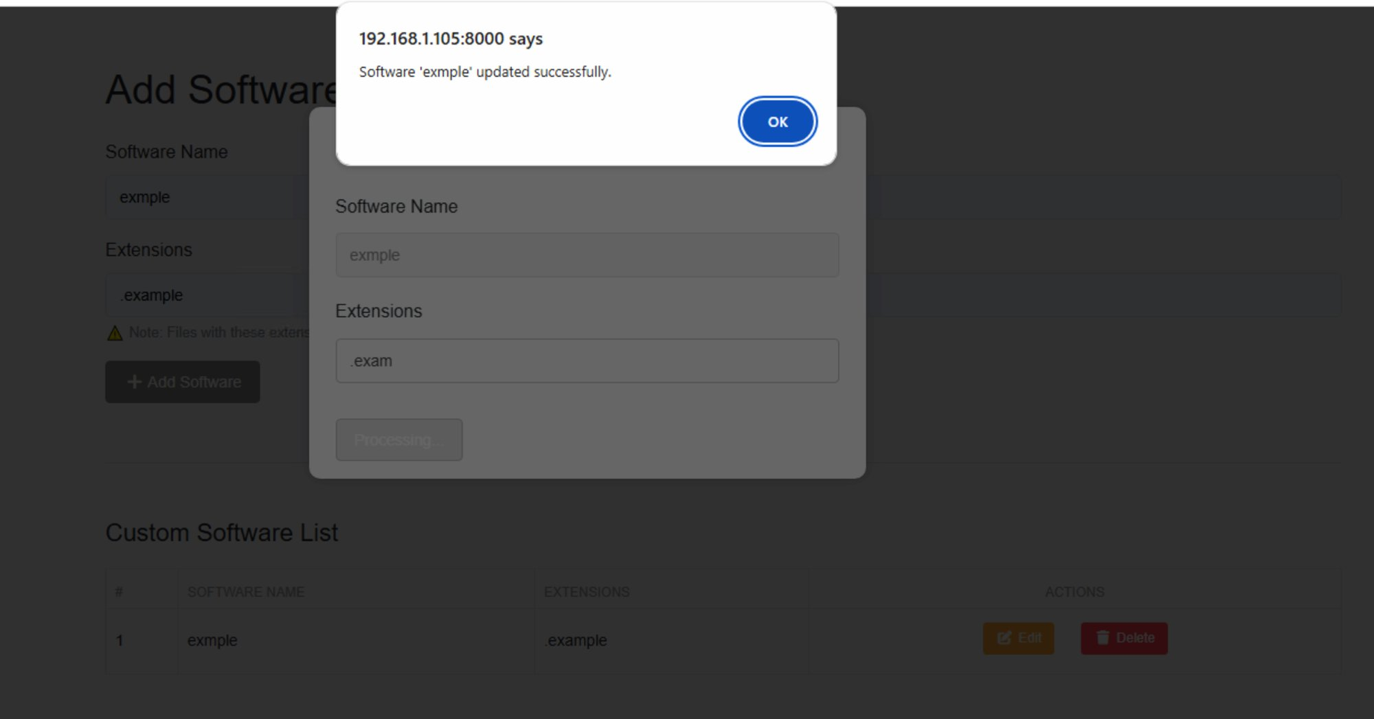 Edit Custom Software dialog with update confirmation