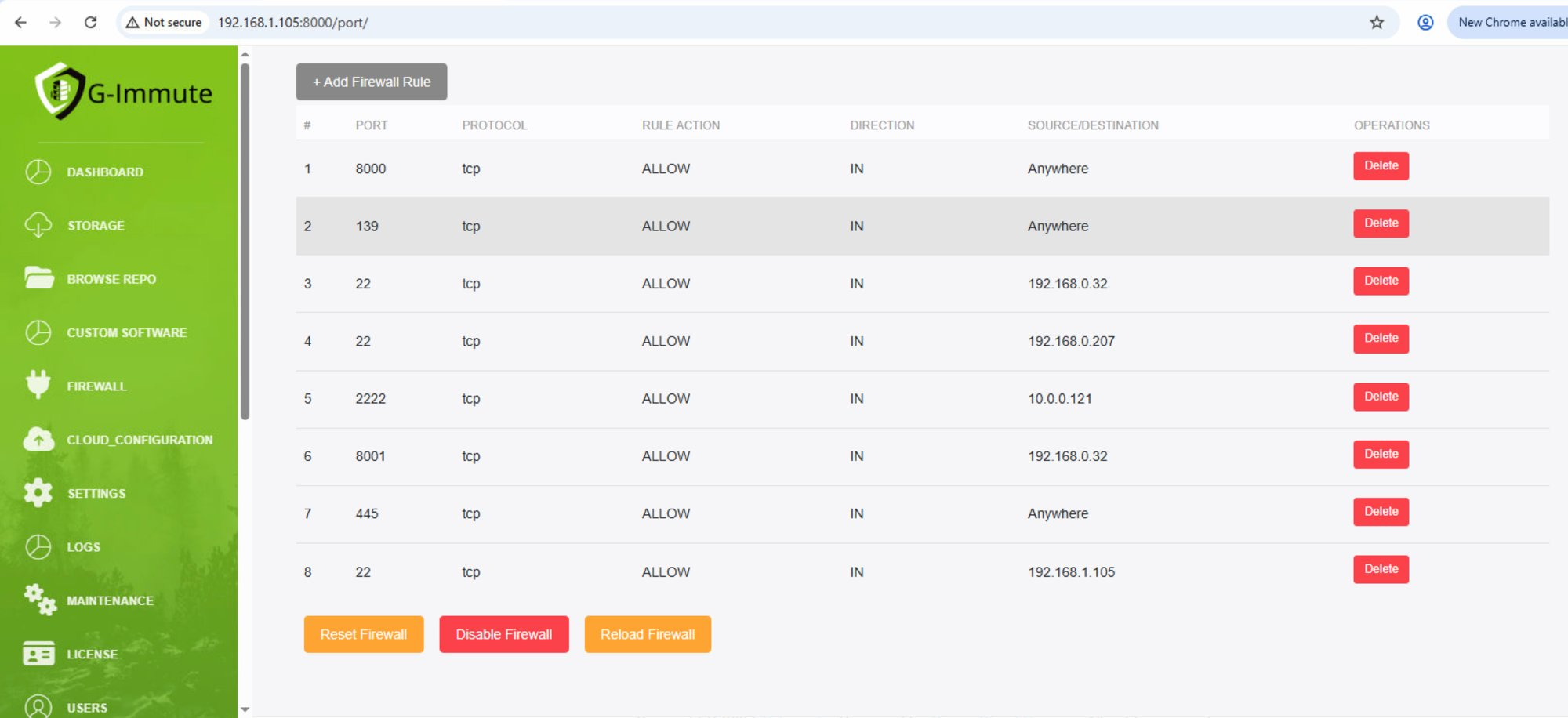 Firewall rules table with active rules and Disable Firewall button