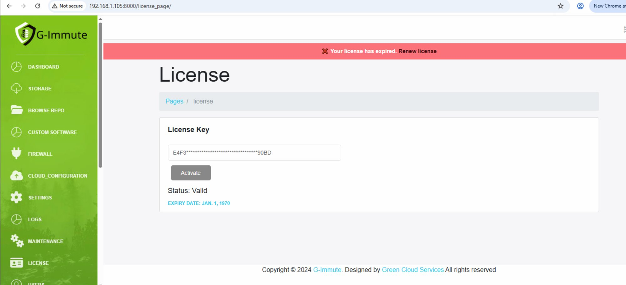 License page showing license key, status, and expiry
