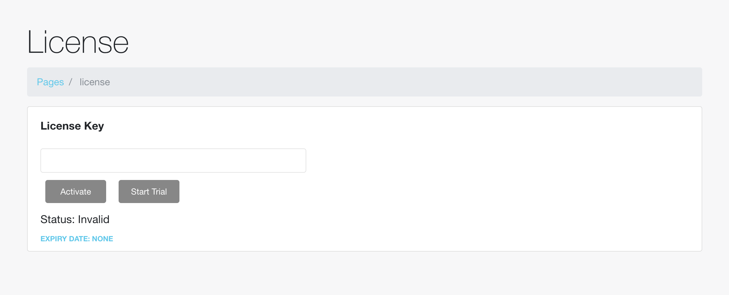 License page with empty key field and Start Trial option