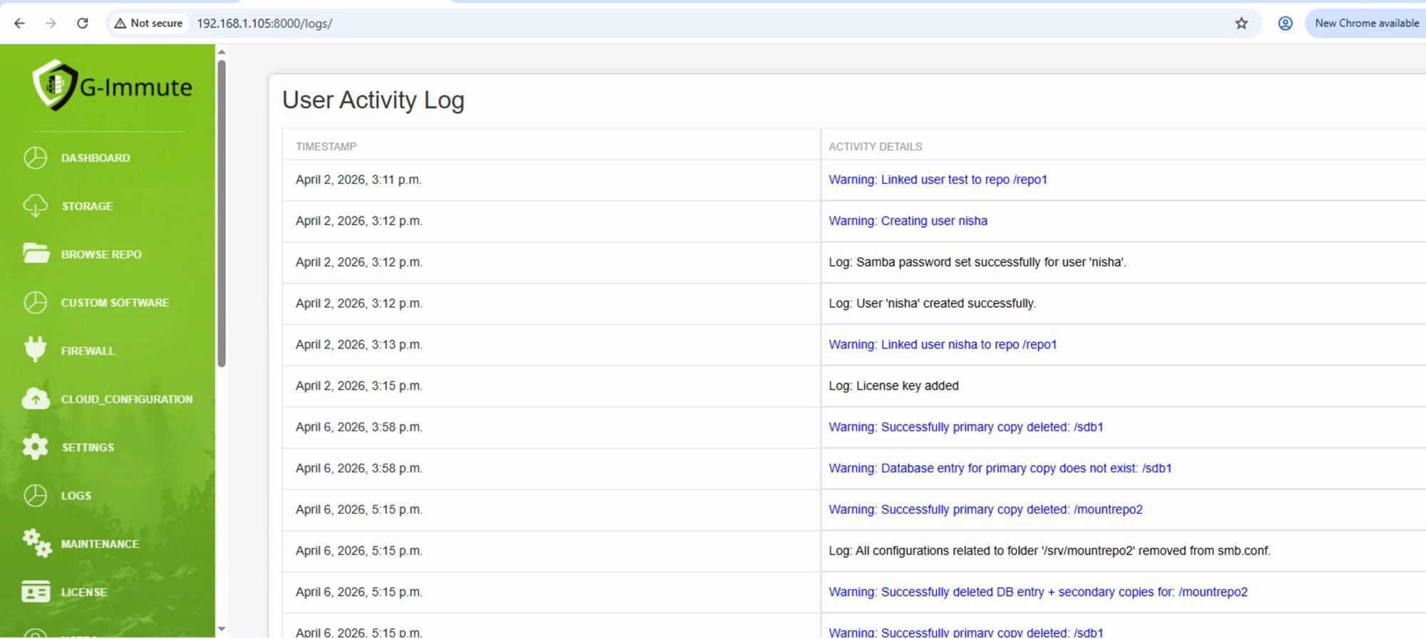 User Activity Log showing system events and actions