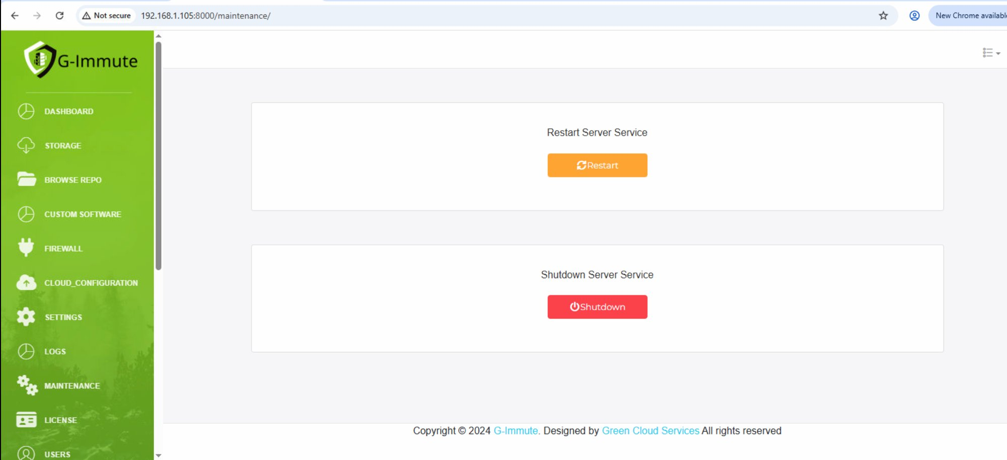 Maintenance page — Restart and Shutdown options