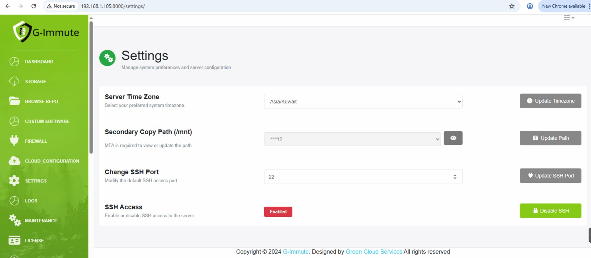 Settings page showing all configuration options