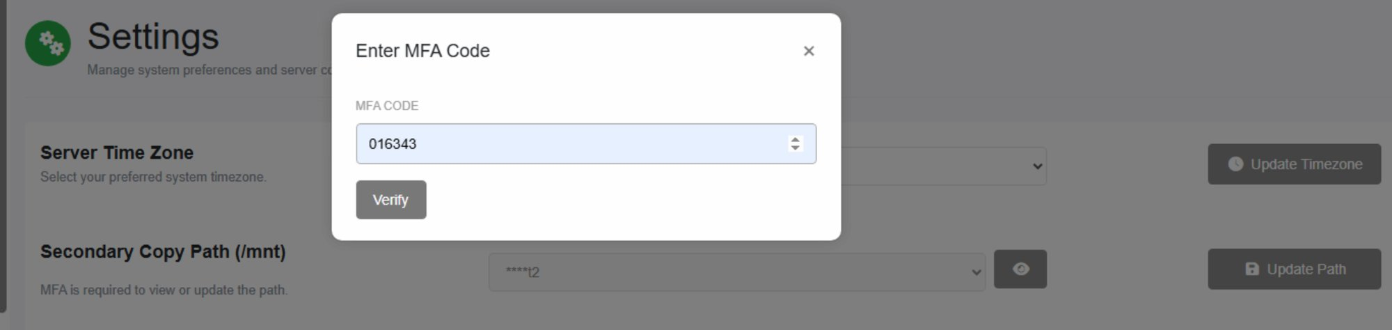Enter MFA Code dialog to view Secondary Copy Path