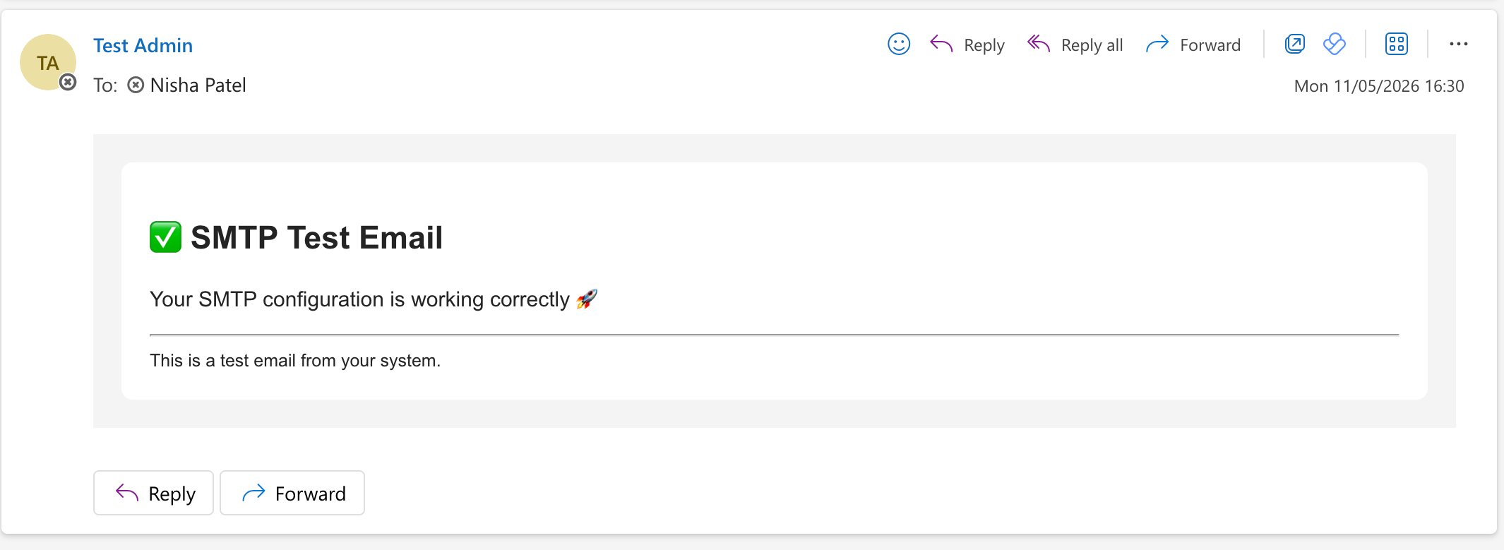 Test email received in the recipient's inbox