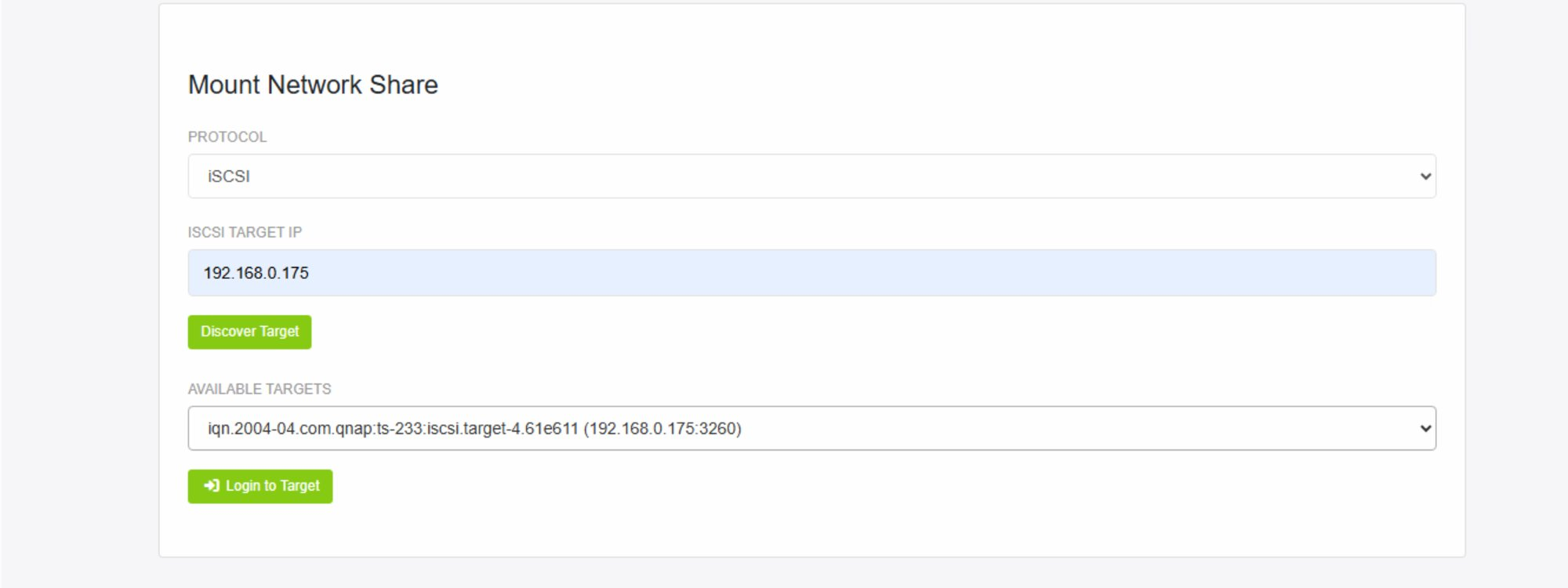 iSCSI Mount Network Share Form